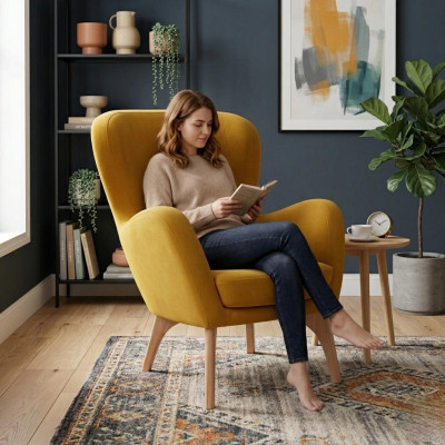Fauteuil design jaune rembourré pour salon, chaise de salon élégante à une seule place