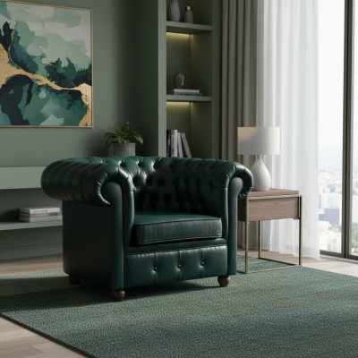 Chesterfield fauteuil vert foncé salon chambre TV une place