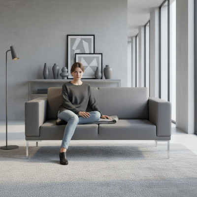 Grande canapé rembourré design 2 places imitation cuir gris pour bureau
