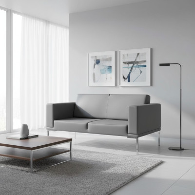 Grande canapé rembourré design 2 places imitation cuir gris pour bureau