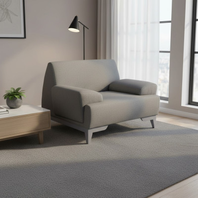 Fauteuil design gris moderne pour salon 1 place, confortable, avec accoudoirs rembourrés.