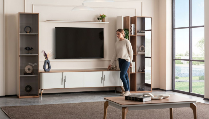 Salle de séjour Ensemble mural TV Meuble bas Étagère Design de luxe Ensemble de 4 pièces Mobilier moderne neuf