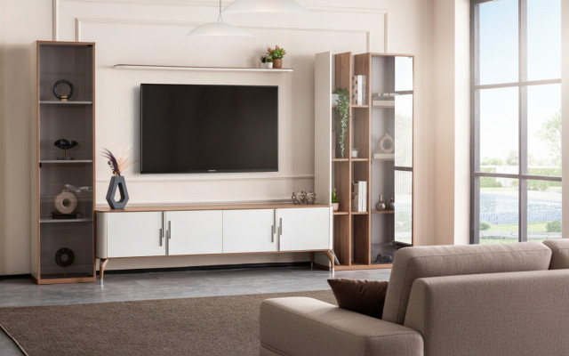 Salle de séjour Ensemble mural TV Meuble bas Étagère Design de luxe Ensemble de 4 pièces Mobilier moderne neuf