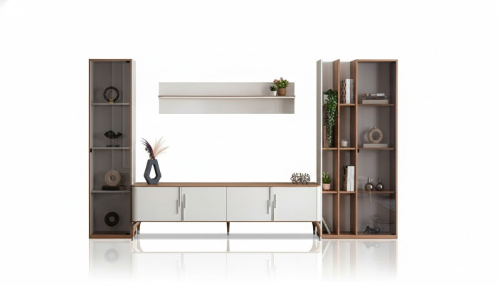 Salle de séjour Ensemble mural TV Meuble bas Étagère Design de luxe Ensemble de 4 pièces Mobilier moderne neuf