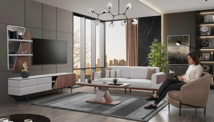 Ensemble salon moderne comprenant un canapé 3 places, une table basse, un meuble TV, une étagère murale - 5 pièces