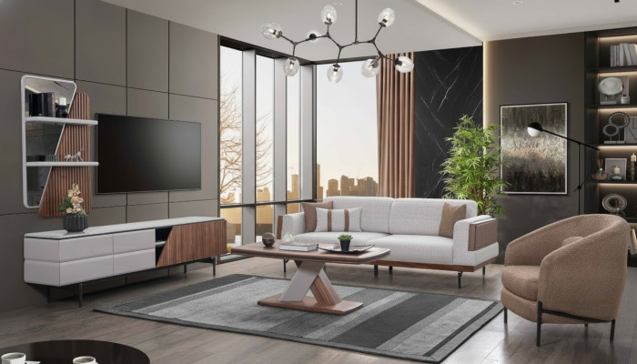 Ensemble salon moderne comprenant un canapé 3 places, une table basse, un meuble TV, une étagère murale - 5 pièces