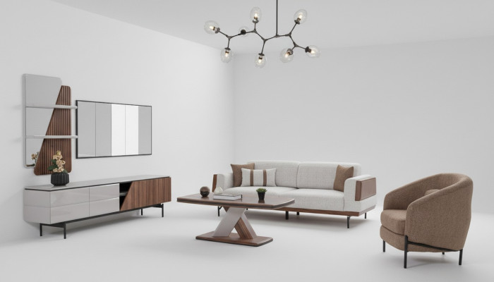 Ensemble salon moderne comprenant un canapé 3 places, une table basse, un meuble TV, une étagère murale - 5 pièces