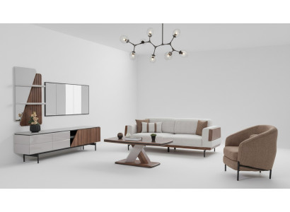 Ensemble salon moderne comprenant un canapé 3 places, une table basse, un meuble TV, une étagère murale - 5 pièces