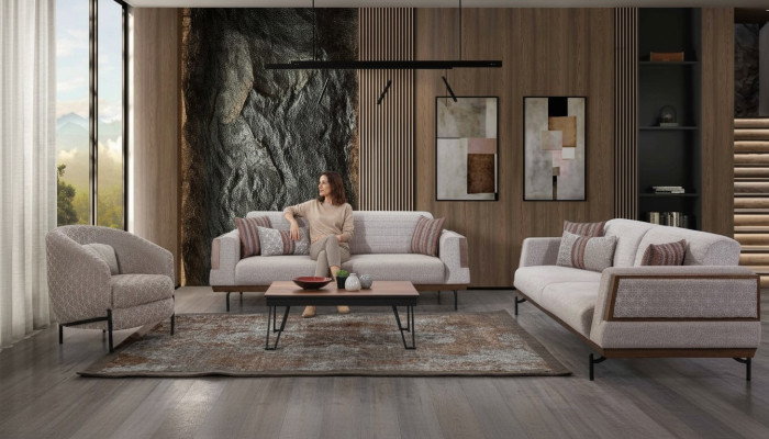 Canapé taupe 3 places + 3 places + 1 place, set de salon, table basse, canapés modernes