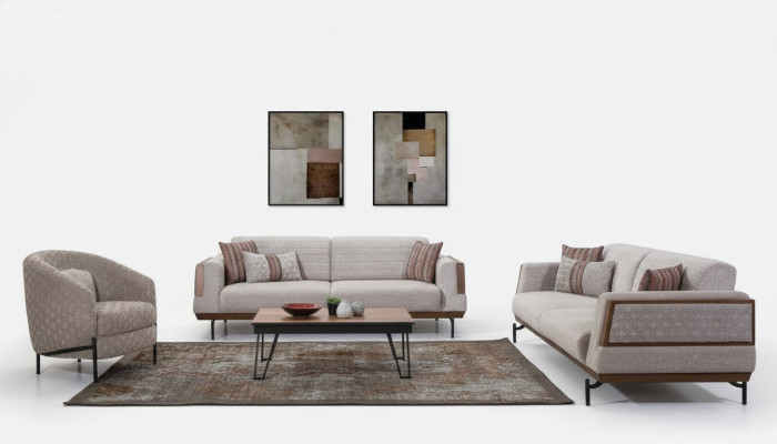 Canapé taupe 3 places + 3 places + 1 place, set de salon, table basse, canapés modernes