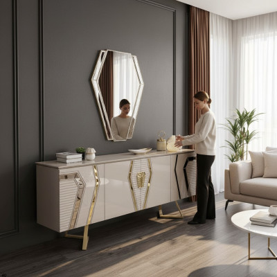 Meuble de rangement de luxe en bois blanc et doré avec miroir, buffet design avec commode.