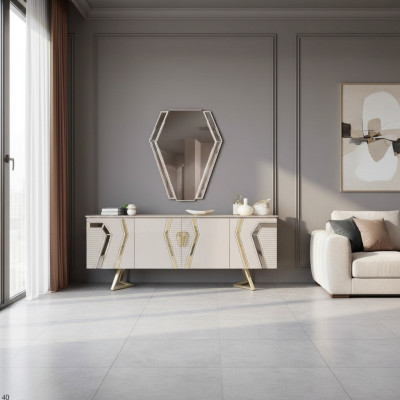 Meuble de rangement de luxe en bois blanc et doré avec miroir, buffet design avec commode.