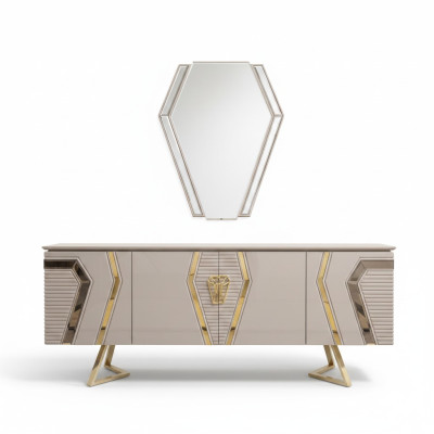 Meuble de rangement de luxe en bois blanc et doré avec miroir, buffet design avec commode.