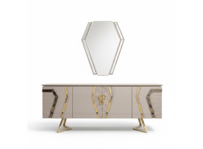 Meuble de rangement de luxe en bois blanc et doré avec miroir, buffet design avec commode.