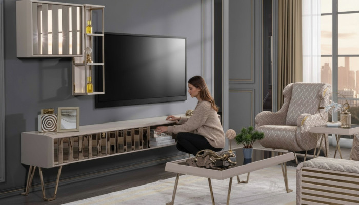 Meuble TV, meuble télévision, étagères murales, table basse, métal beige, ensemble de salon moderne 3 pièces.