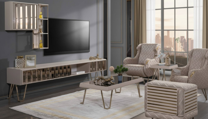 Meuble TV, meuble télévision, étagères murales, table basse, métal beige, ensemble de salon moderne 3 pièces.
