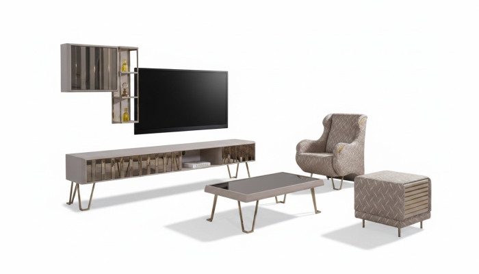 Meuble TV, meuble télévision, étagères murales, table basse, métal beige, ensemble de salon moderne 3 pièces.