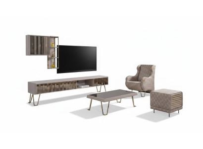 Meuble TV, meuble télévision, étagères murales, table basse, métal beige, ensemble de salon moderne 3 pièces.