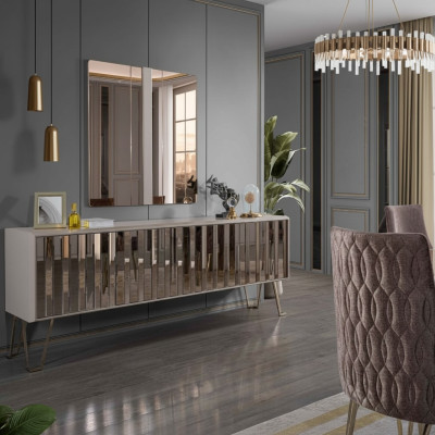 Buffet de luxe avec miroirs élégant Commode beige Design de meubles modernes Set nouveau