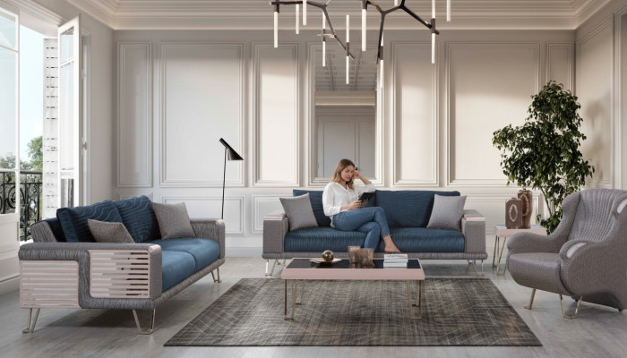 Ensemble de canapé 3+3+1 places + Table basse Moderne Textile Complet Bleu neuf