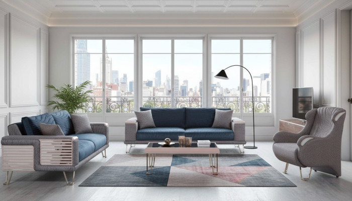 Ensemble de canapé 3+3+1 places + Table basse Moderne Textile Complet Bleu neuf