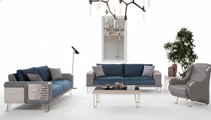 Ensemble de canapé 3+3+1 places + Table basse Moderne Textile Complet Bleu neuf