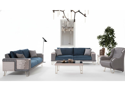 Ensemble de canapé 3+3+1 places + Table basse Moderne Textile Complet Bleu neuf