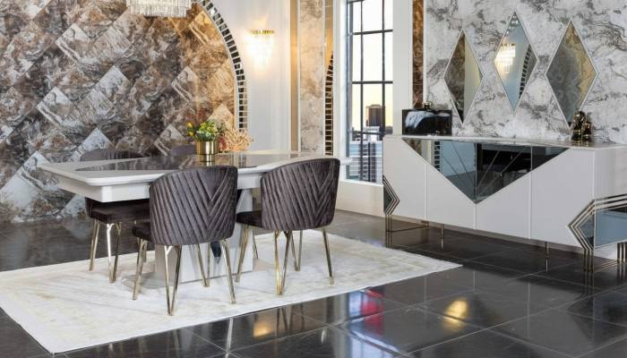 Salle à manger de luxe Ensemble de salle à manger Table à manger design x4 Chaises Commode Miroir