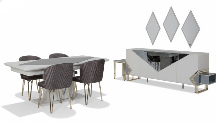 Salle à manger de luxe Ensemble de salle à manger Table à manger design x4 Chaises Commode Miroir