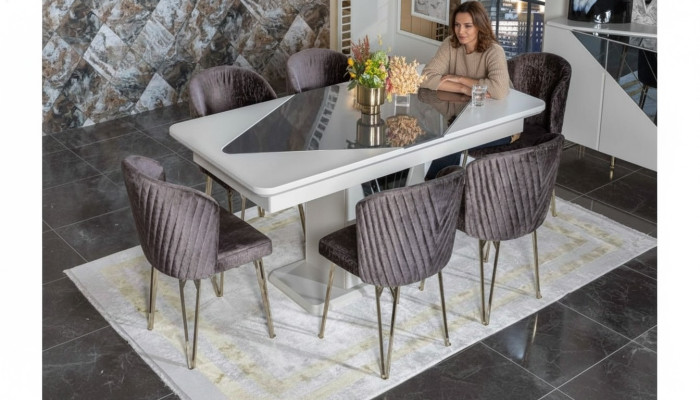 Table à manger blanche Designer x6 Chaises en textile violet foncé Ensemble salle à manger