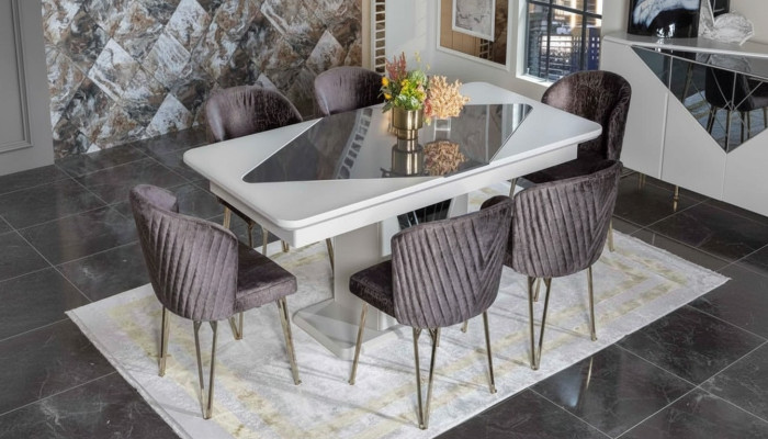 Table à manger blanche Designer x6 Chaises en textile violet foncé Ensemble salle à manger