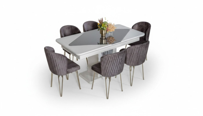 Table à manger blanche Designer x6 Chaises en textile violet foncé Ensemble salle à manger