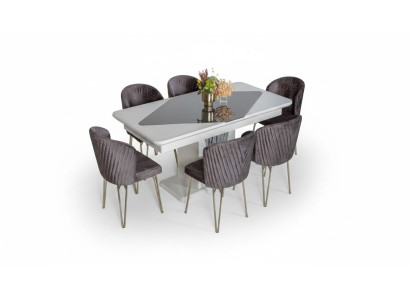 Table à manger blanche Designer x6 Chaises en textile violet foncé Ensemble salle à manger
