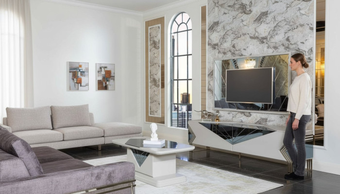 Ensemble de meubles mural blanc moderne Suite Designer Buffet TV de luxe Cadre TV.