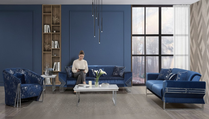 Salon Canapé bleu ensemble de designer canapé trois places fauteuil table basse