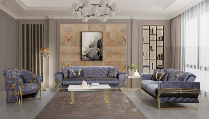 Ensemble de salon HellBlue Set Designer 3 places Fauteuil luxueux Table basse
