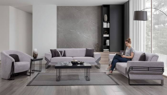 Ensemble de canapés gris clair moderne x2 Canapés rembourrés Fauteuil designer Tables