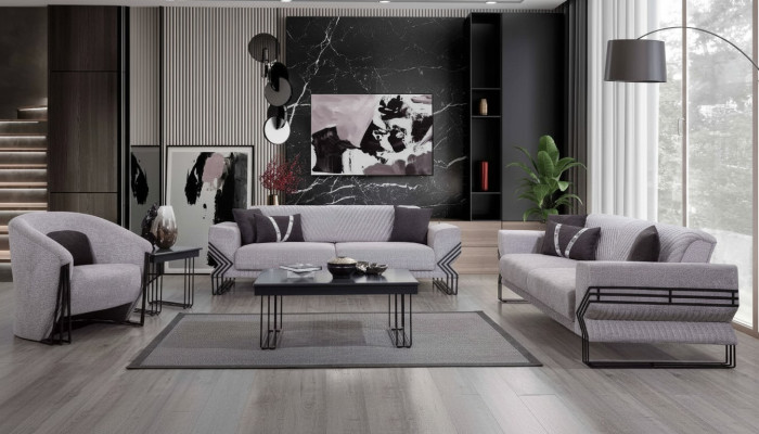Ensemble de canapés gris clair moderne x2 Canapés rembourrés Fauteuil designer Tables