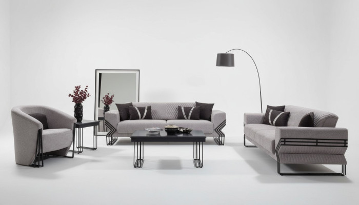 Ensemble de canapés gris clair moderne x2 Canapés rembourrés Fauteuil designer Tables
