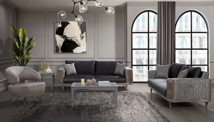 Salon Gris Ensemble de meubles Design Canapés Table basse de luxe Table d'appoint