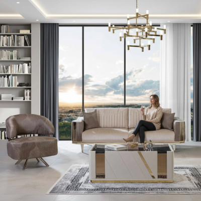 Ensemble de salon moderne, designer beige, trois places, fauteuil, table basse