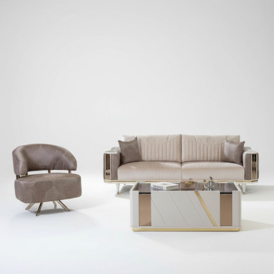 Ensemble de salon moderne, designer beige, trois places, fauteuil, table basse