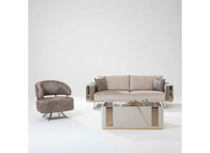 Ensemble de salon moderne, designer beige, trois places, fauteuil, table basse