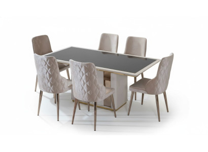 Salle à manger exclusive. Élégante suite en verre comprenant une table design et des chaises rembourrées, 7 pièces.