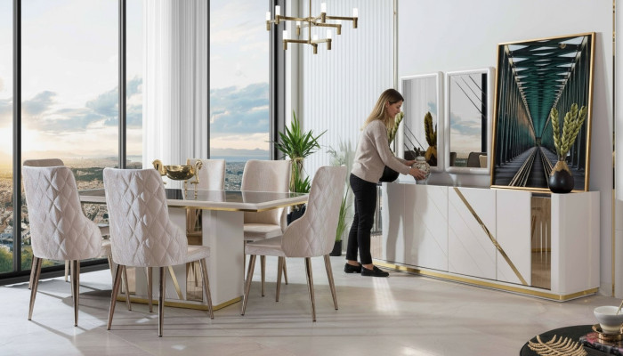 Ensemble salle à manger en acier inoxydable beige comprenant une table à manger design et 6 chaises, commode.
