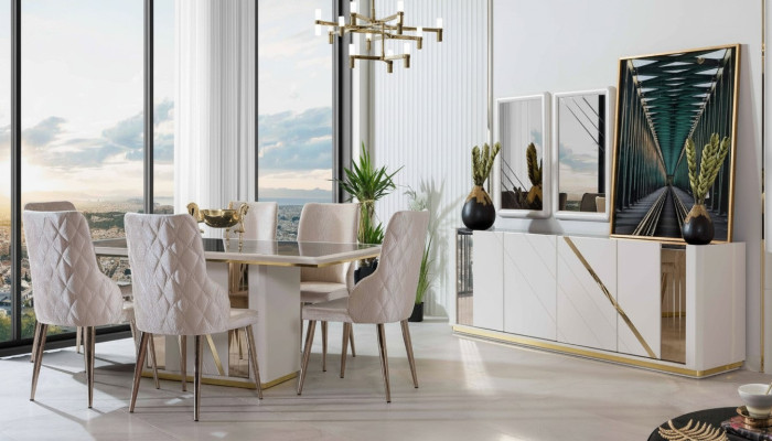 Ensemble salle à manger en acier inoxydable beige comprenant une table à manger design et 6 chaises, commode.