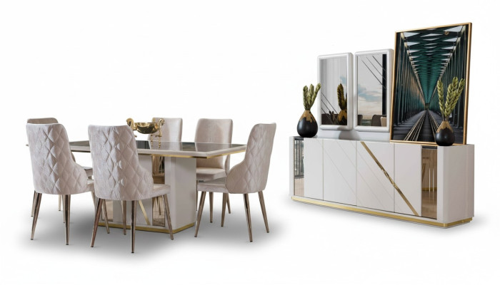 Ensemble salle à manger en acier inoxydable beige comprenant une table à manger design et 6 chaises, commode.