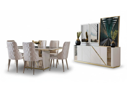 Ensemble salle à manger en acier inoxydable beige comprenant une table à manger design et 6 chaises, commode.