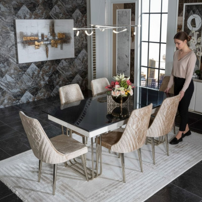 Noir - Salle à manger blanche Table en verre Chaises en textile de designer Mobilier de salle à manger