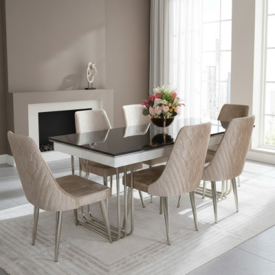 Noir - Salle à manger blanche Table en verre Chaises en textile de designer Mobilier de salle à manger